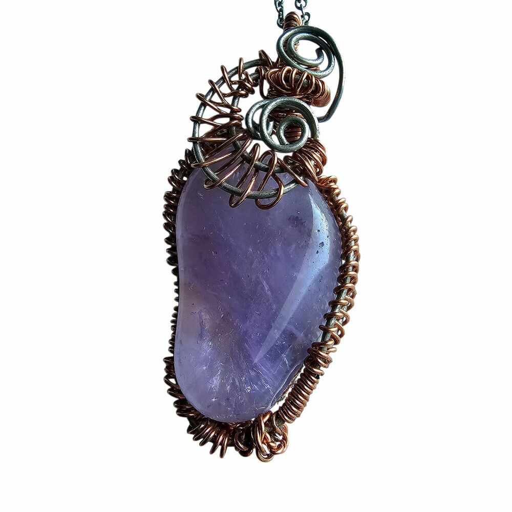 Natural Amethyst Gemstone Copper Wire Wrapped Pendant Necklace, Artisan Boho